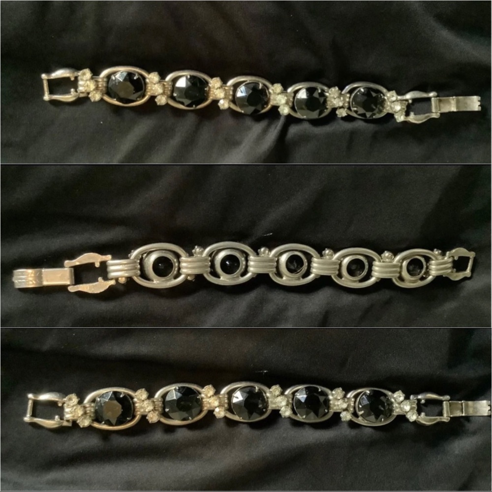 Vintage Silver Black & Clear Stone Bracelet